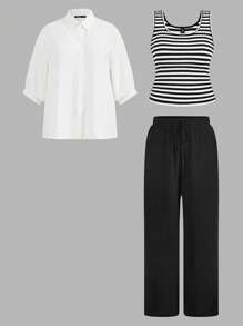 SHEIN LUNE 3Pcs Plus Size Striped Round Neck Tank Top, Pants And Shirt Set, Summer Summer Outfits For Women Summer Outfits For Women Vacation Outfits Women - Multicolor - View 13