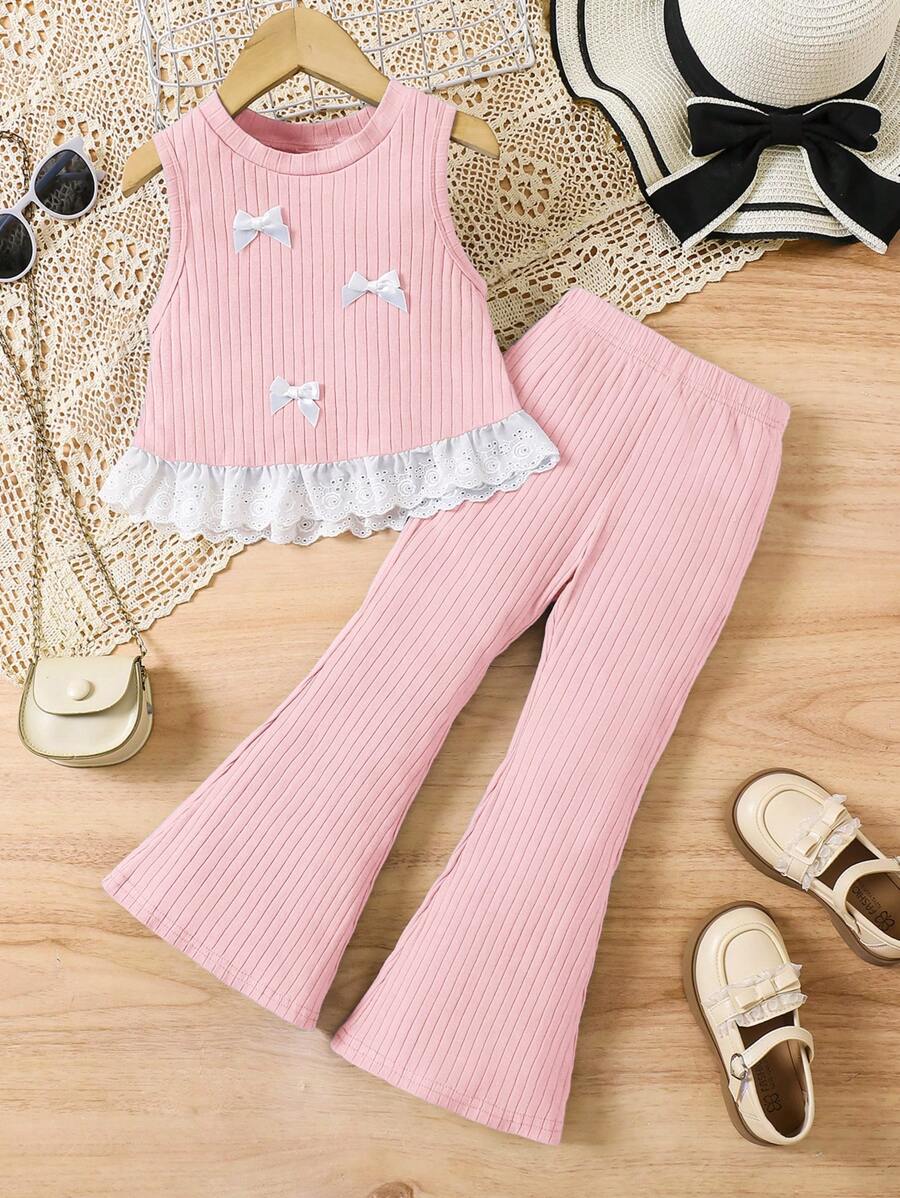 SHEIN Young Girls Knit Solid Color Crew Neck Fitted Camisole And Fitted Pants 2 Pieces Set - Pink - View 1