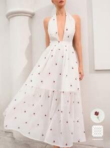 Femmeiva Women's Elegant Romantic Rose Embroidered Deep V-Neck Backless Tie-Up Waisted Dress Boho Vacation Fashionable Style All Over Print For Summer - White - View 1