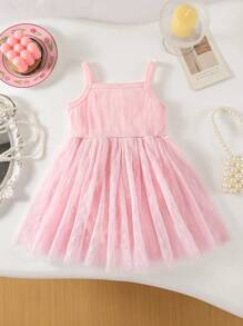 Baby Girls' Summer Newrelease Pink Suspender Mesh Dress Fabric Splicing Heart Mesh Ruffled Bodysuit - Pink - View 2