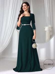 Coutiva Vestido elegante de noche de mujer con falsa perla y punto verde, vestido de fiesta, vestido de invitada de boda