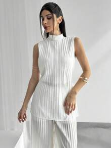 Firerie Ensemble chic de 2 pièces femme, Top sans manches col roulé élégant, sophistiqué, romantique, décontracté/travail et pantalon droit plissé taille haute blanc - Blanc - Voir 2