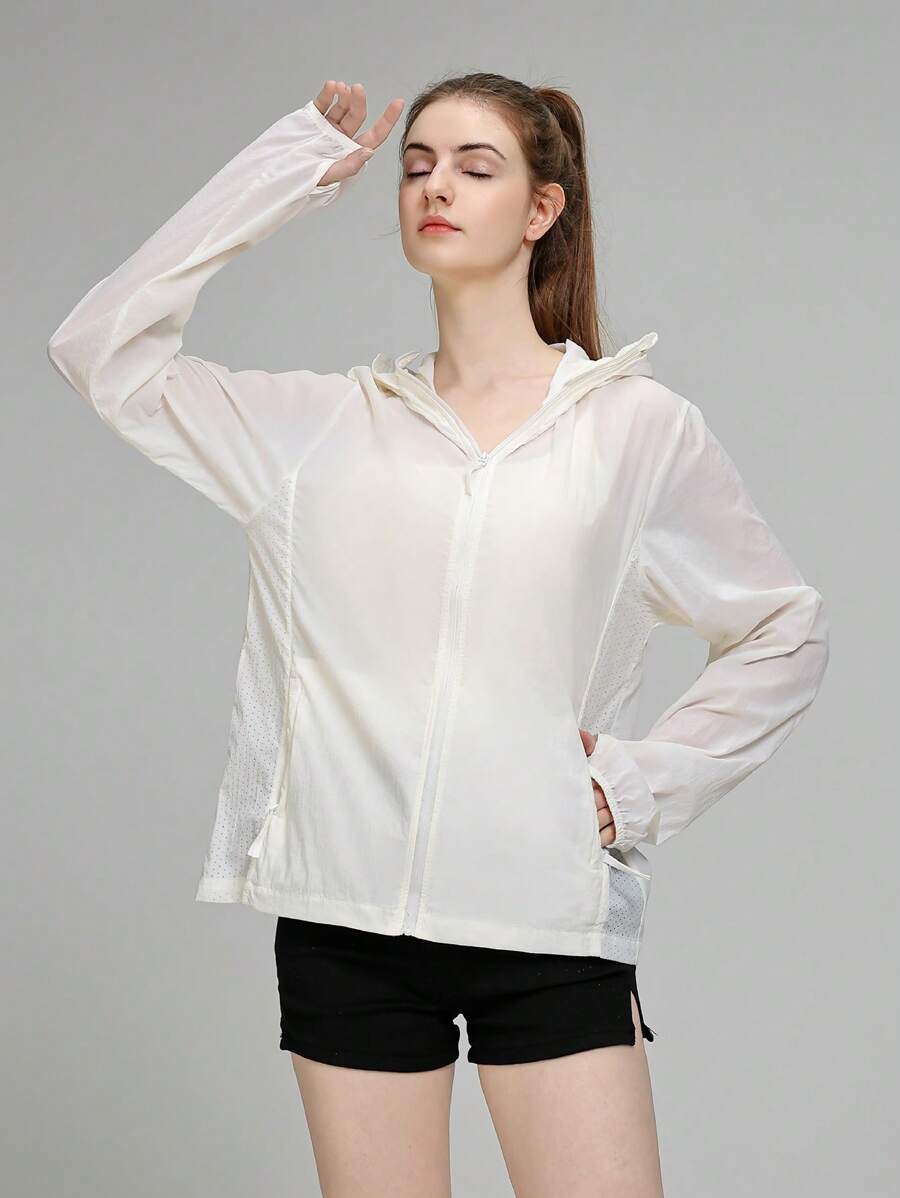 Women's Solid Color Long Sleeve Zipper Collar Hooded Sports Jacket - White - View 1