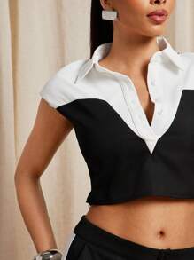 Vixey Top col avec blocs de couleurs bicolores et épaules matelassées, décontracté chic pour femmes, bureau pour femmes - Noir et Blanc - Voir 3