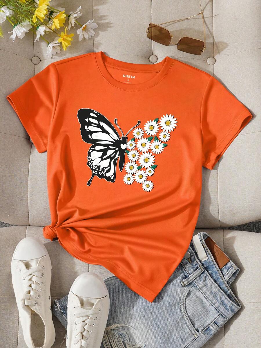 INAWLY Camiseta estándar de mujer con estampado de mariposa, de moda y versátil, apta para el uso en verano - Naranja - Ver 1