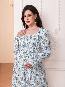 SHEIN Elegantes Umstandskleid mit Blumen Muster, quadratischem Ausschnitt und Rüscheneinsätzen an Ärmeln und Saum - Blau-Weiß - Übersicht 6
