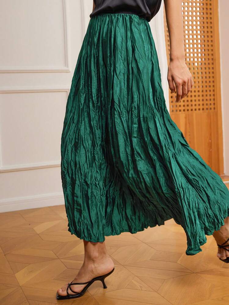 Loose Business Casual Vacation Elegant Textured Chiffon Satin Plisse Skirt For Women