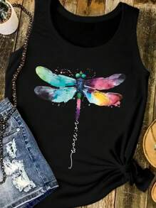 INAWLY Camiseta sin mangas casual con estampado de libélula de colores para mujer de talla grande
