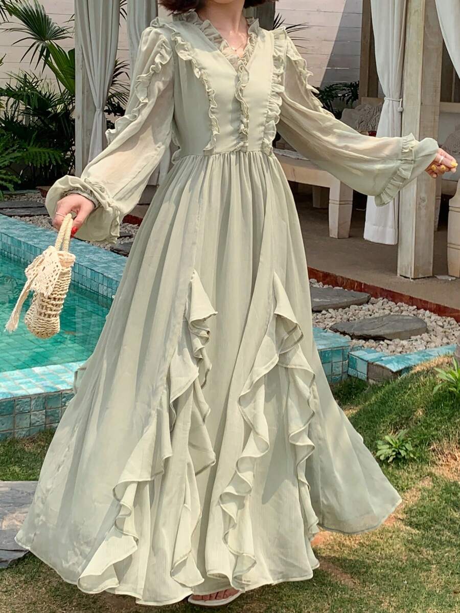 DAZY SHEIN X Hannahelzahed 女式 V 领荷叶边网眼拼接收腰 A 字中长连衣裙，甜美自然，适合女士外出，秋季女装生日女式休闲连衣裙女式生日装女式秋季服装女装 - 綠色 - 查看 1