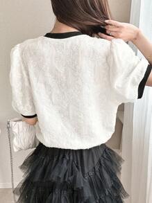 FRIFUL Áo cánh chắp vá màu tương phản cổ tròn tay bồng rộng rãi cho nữ - trắng - Xem 2
