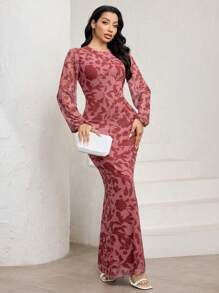 Veilorie 女士植物印花圆领灯笼袖修身优雅长裙 - 彩色 - 查看 8