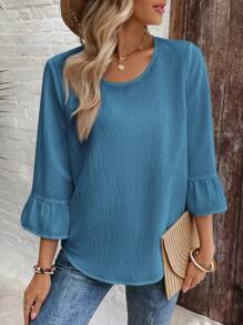 EMERY ROSE 女士休闲百搭纯色纹理喇叭袖衬衫 - 藍色 - 查看 6