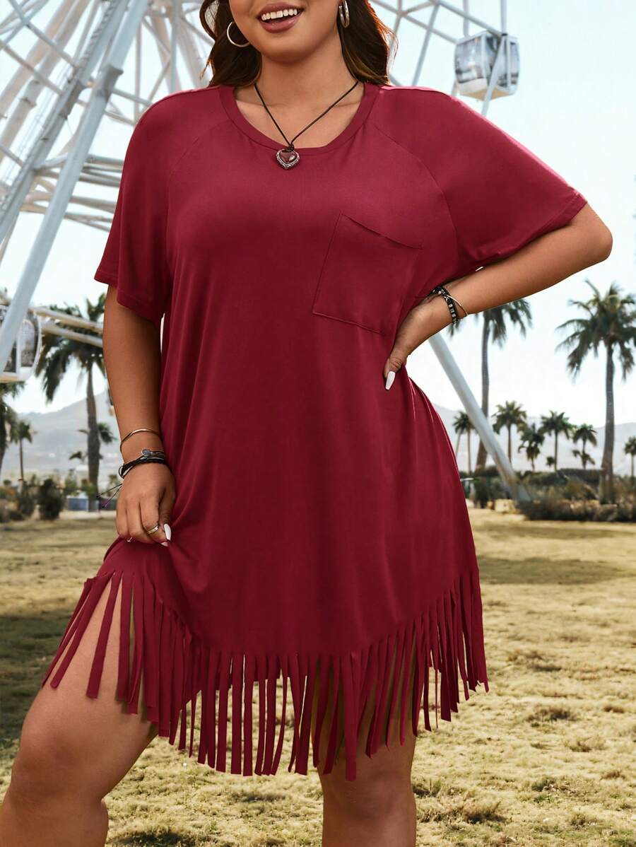 CovetEZ Plus Size Loose Round Neck Distressed Casual Fringed T-Shirt Dress - Burgundy - View 1