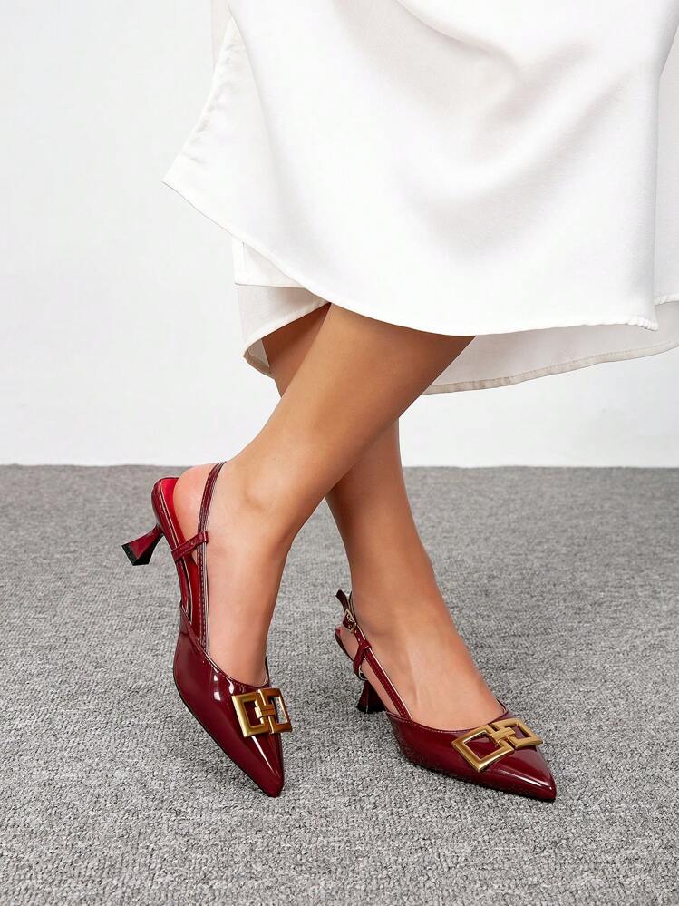 CUCCOO BIZCHIC Women's Pointed Toe Low Heel Wine Red Slingback Commuting Work Pumps For Christmas Valentine's Day Spring Shoes - Burgundy - View 9