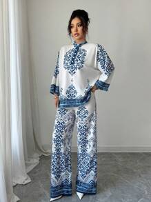 Selianne 1pc Women 3/4 Sleeve Floral Print Blouse & 1pc Women Elastic Waist Printed Pants Set