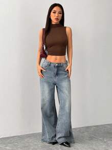 SHEIN PETITE Solid Crop Mock Neck Ruched Tank Top Brown - Coffee Brown - View 6