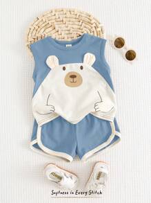 Cozy Pixies 2pcs Baby Boy Cartoon Bear Pattern Splice Round Neck Sleeveless Top & Elastic Waist Shorts Set