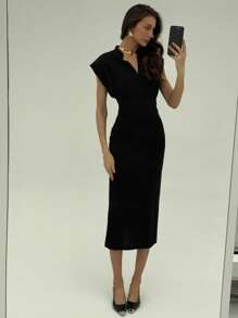 Aloruh 女士纯色V领短袖修身中长连衣裙，优雅简约黑色长款连衣裙，宽肩深V领设计，性感优雅，简约百搭，适合通勤、修身度假、夏季、毕业典礼等场合，紧身连衣裙。 - 黑色 - 查看 7