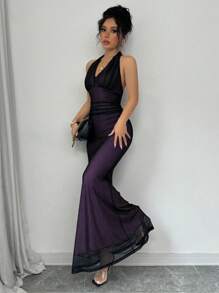 Rafferiza 女式优雅紧身鱼尾下摆 V 领收腰褶皱网眼洋红色衬里长裙，秋冬 - 彩色 - 查看 3