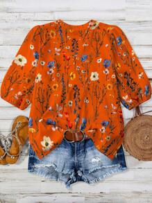 Trelyra Women's Floral Print Short Puff Sleeve Loose Fit Ruffled Hem Vacation Blouse - Multicolor - View 2