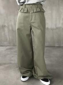 FRIFUL Pantalones anchos de primavera/verano para mujer con cinturilla de volantes y patchwork 2 en 1 - Verde militar - Ver 4