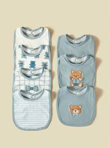 7pcs Baby Boy Drool Bibs With Cute Bear Embroidery, Absorbent Breathable Soft Feeding Burp Cloth - Multicolor - View 2