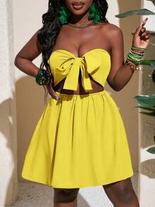 Slaydiva New Casual Hollow Out Halter Tie Waist Mini Green Dress, Spring/Summer - Yellow - View 6