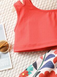 SHEIN Wildeya Kleine Mädchen 2-teiliges Set bestehend aus einfarbigem Top und Hose mit Blumenmuster für den Sommerurlaub