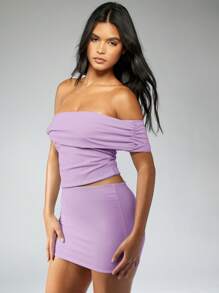 MISSGUIDED 露肩褶饰短款上衣迷你裙套装派对俱乐部夜场夏季春节度假晚装套装 - 紫丁香色 - 查看 3