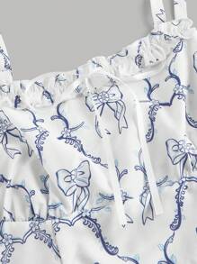 SHEIN MOD Plus Size Retro Geometric Bowknot Print Sling Maxi Two Pieces Set, Casual Vacation Outfit - Blue and White - View 3