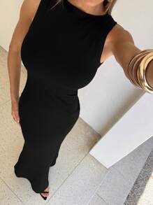 Aloruh 女式黑色长裙，无袖圆领镂空针织紧身连衣裙，背部带扣细节，露背连衣裙