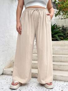 SHEIN Essnce 大码女装夏季休闲度假宽松仿棉麻卡其色阔腿裤