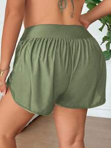 SHEIN CURVE+ Plus Size Solid Color Waist Cross-Tied Pleated Design Loose Slimming Beach Holiday Swimwear Bottom - Green - View 2