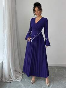 Elenzga 奢华女士褶皱珍珠串珠长袖 V 领收腰 A 字型优雅浪漫晚礼服 - 藏蓝色 - 查看 7