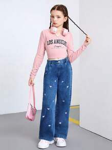 SHEIN Tween Girls Y2K Style Washed Blue Loose Playful Heart Embroidery Straight Leg Jeans, Suitable For Daily Fashion Versatile Wear - Dark Wash - View 3