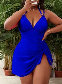 Slaydiva Plus Size Women's Pink Spaghetti Strap Ruched Open Back One-Piece Swimwear, For Beach Holiday, Summer
