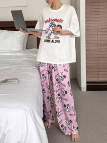 DAZY Women Cute Rabbit Print Loose Fit T-Shirt Top And Matching Allover Print Pajama Pants Set - White - View 7