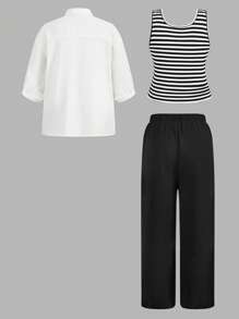SHEIN LUNE 3Pcs Plus Size Striped Round Neck Tank Top, Pants And Shirt Set, Summer Summer Outfits For Women Summer Outfits For Women Vacation Outfits Women - Multicolor - View 2