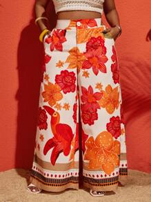 Slaydiva Calça Larga de Cintura Alta Floral Boêmia Colorida, Leve, para Férias/Praia/Casual/Reunião Doméstica, Plus Size, Coleção Primavera/Verão 2025 - B