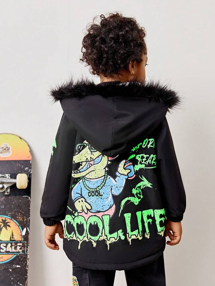 Young Boy Casual Comfortable Fashionable Simple Soft & Practical Warm Plush Lining Hooded Jacket With Contrasting Colors, Fuzzy Trim And Back Straps, Featuring Street Style Graffiti Alligator Design, Suitable For Autumn And Winter