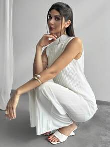 Firerie Ensemble chic de 2 pièces femme, Top sans manches col roulé élégant, sophistiqué, romantique, décontracté/travail et pantalon droit plissé taille haute blanc - Blanc - Voir 5