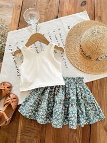 SHEIN LMoss Kids LMoss 女婴针织纯色吊带背心 + 印花雪纺迷你裙 2 件套 - 綠色 - 查看 2