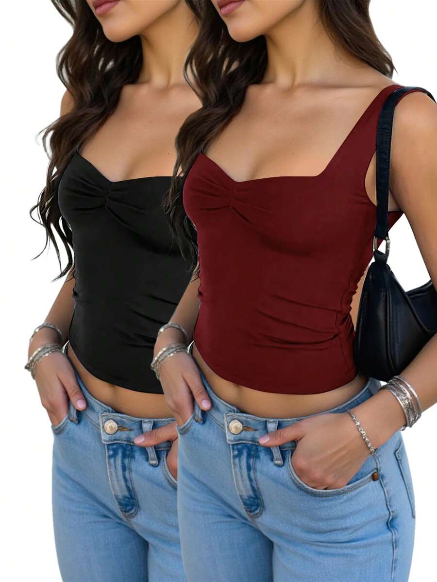 INAWLY Camiseta corta ajustada con cuello de corazón y volantes en el bajo, de unicolor para mujeres - Multicolor - Ver 1