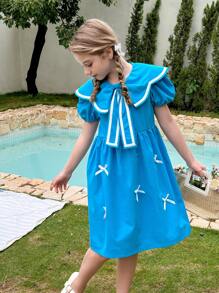 SHEIN Explorewe 青少年女孩加大领子荷叶边袖蝴蝶结装饰休闲连衣裙，韩版 - 藍色 - 查看 3