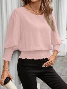 SHEIN LUNE Women's Casual Solid Color Roll Sleeve Blouse, Basic Autumn/Winter Clothing For Daily Wear,Casual - Pink - View 6