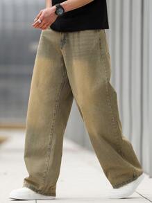 Manfinity Roghcode 宽松款男士深色洗水斜口袋牛仔裤 - 銅色 - 查看 3