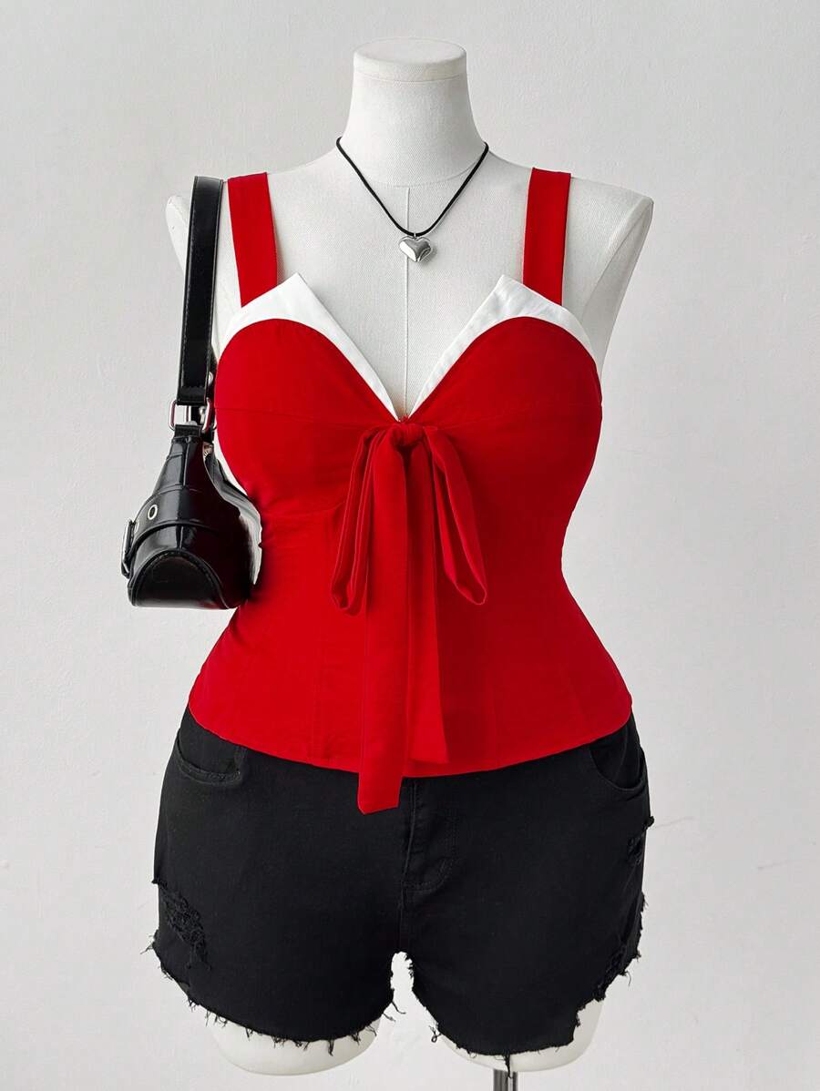 Flirla Top de mujer de talla grande con nudo delantero en color contrastante - Rojo - Ver 1
