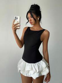 Aloruh Women's Contrast Color Ruffle Hem Mini Dress, Suitable For Party, Date, Daily Wear - Black and White - View 4