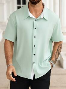 Manfinity Homme Plus Size Men's Solid Color Fashion Casual Shirt, Suitable For Summer - Green - View 3