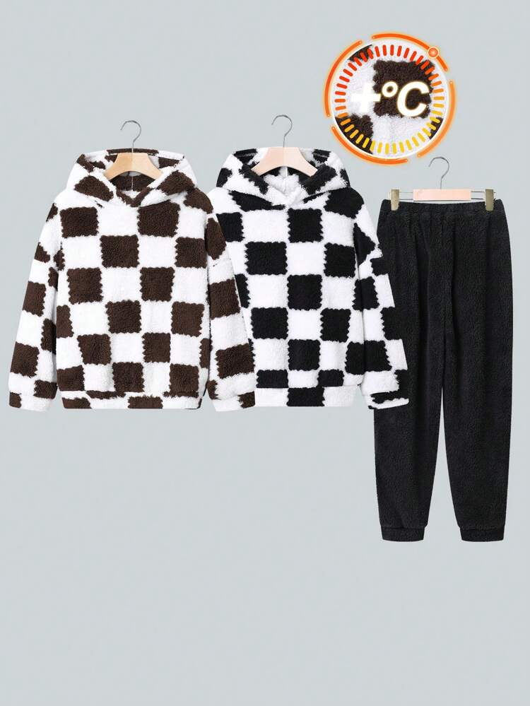 Tween Boy 2pcs Checkerboard Pattern Drop Shoulder Teddy Hoodie & 1pc Pants